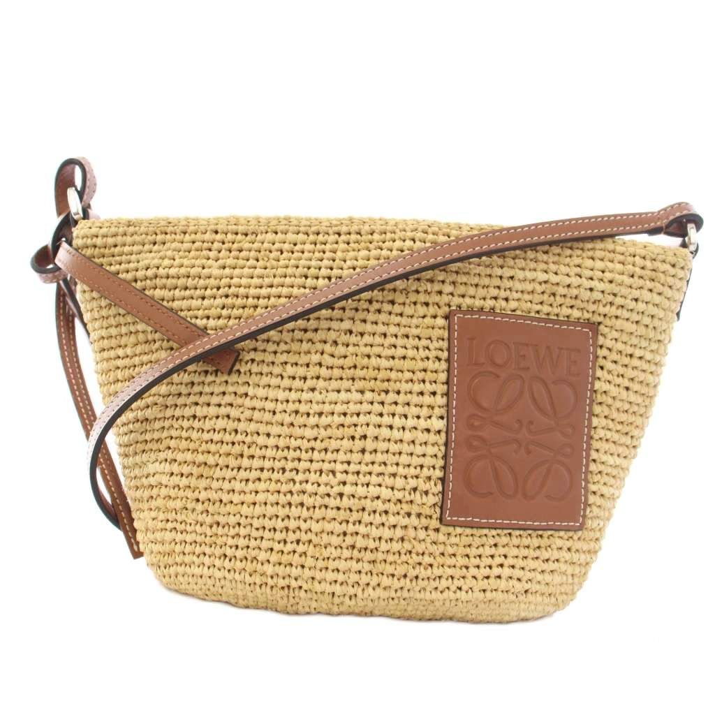 ロエベ LOEWE ポシェットバッグ かごバッグ ショルダーバッグ アナグラム ラフィア レザー ベージュ 茶 ブラウン 522137 /YT ■OH