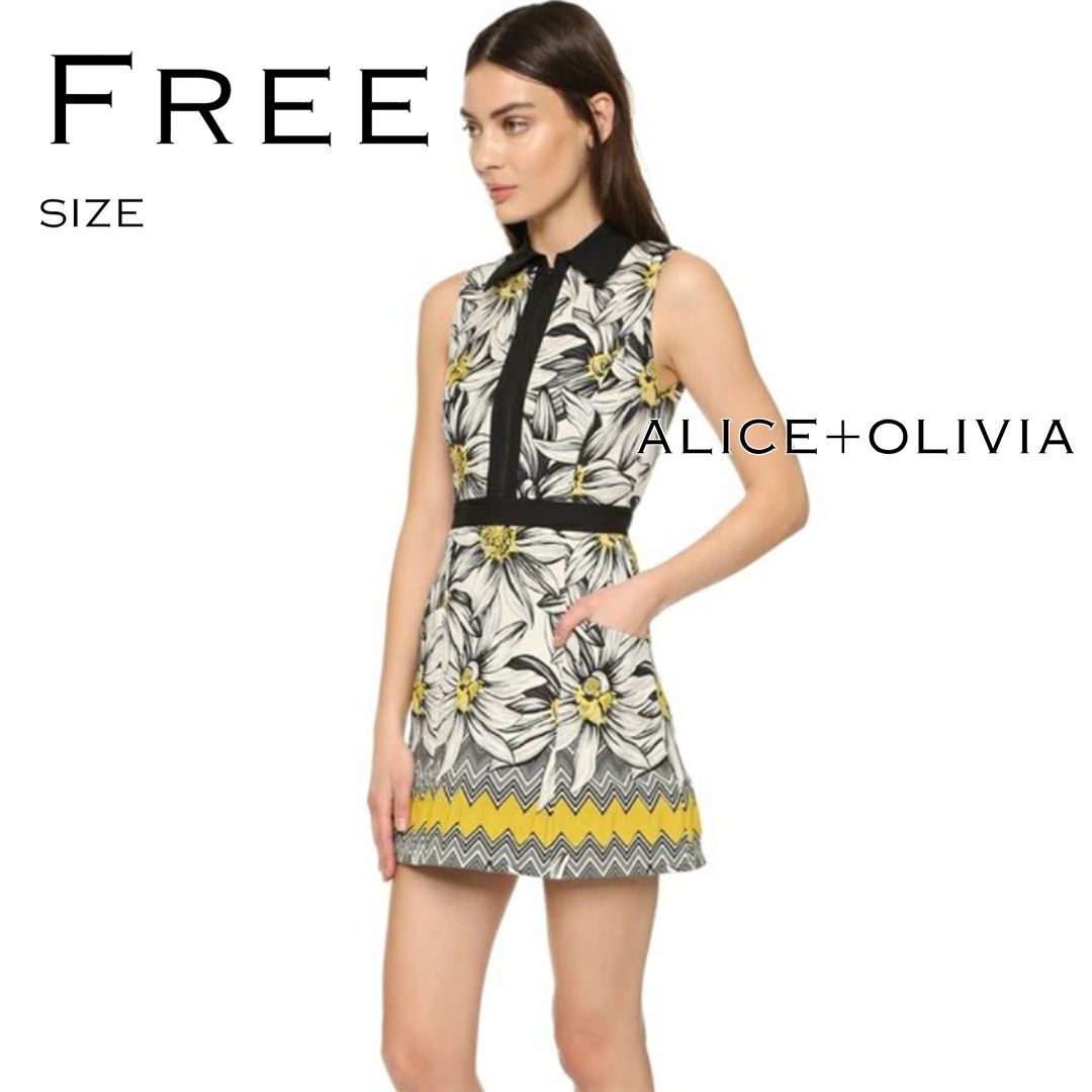 【完売品】alice + oliviaアリス アンド オリビア Ellis Collared Dress デイジー柄総刺繍 ノースリーブワンピース 花柄ドレス F 黄色イエロー【古着】【中古】【送料無料】【古着】【中古】【送料無料】