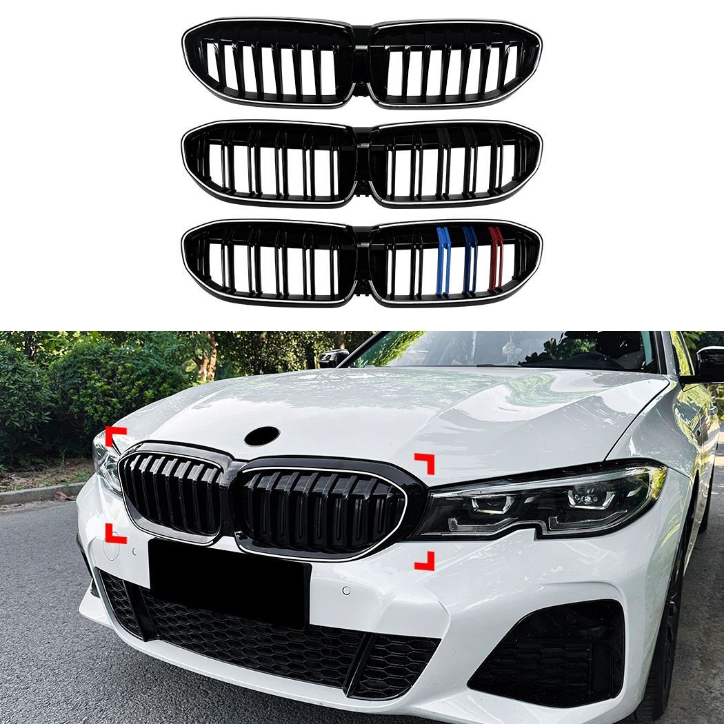 BMW 3シリーズ 3 Series G20 G21 前期 2019-2022対応 LED発光フロントグリル バンパー部装着 ABS製 シングルライン ダブルライン 三色ライン ブラック仕様 フロントフェイスを引き締めるスポーティ外装パーツ ドレスアップ用