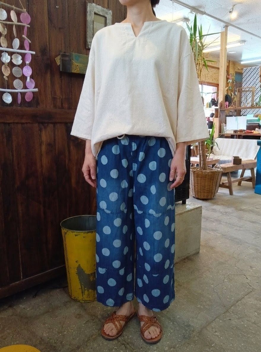 デニムパンツ ワイドパンツ レディース ゆったり ドット柄 水玉 インディゴ染め ウエストゴム ナチュラル カジュアル 春夏秋