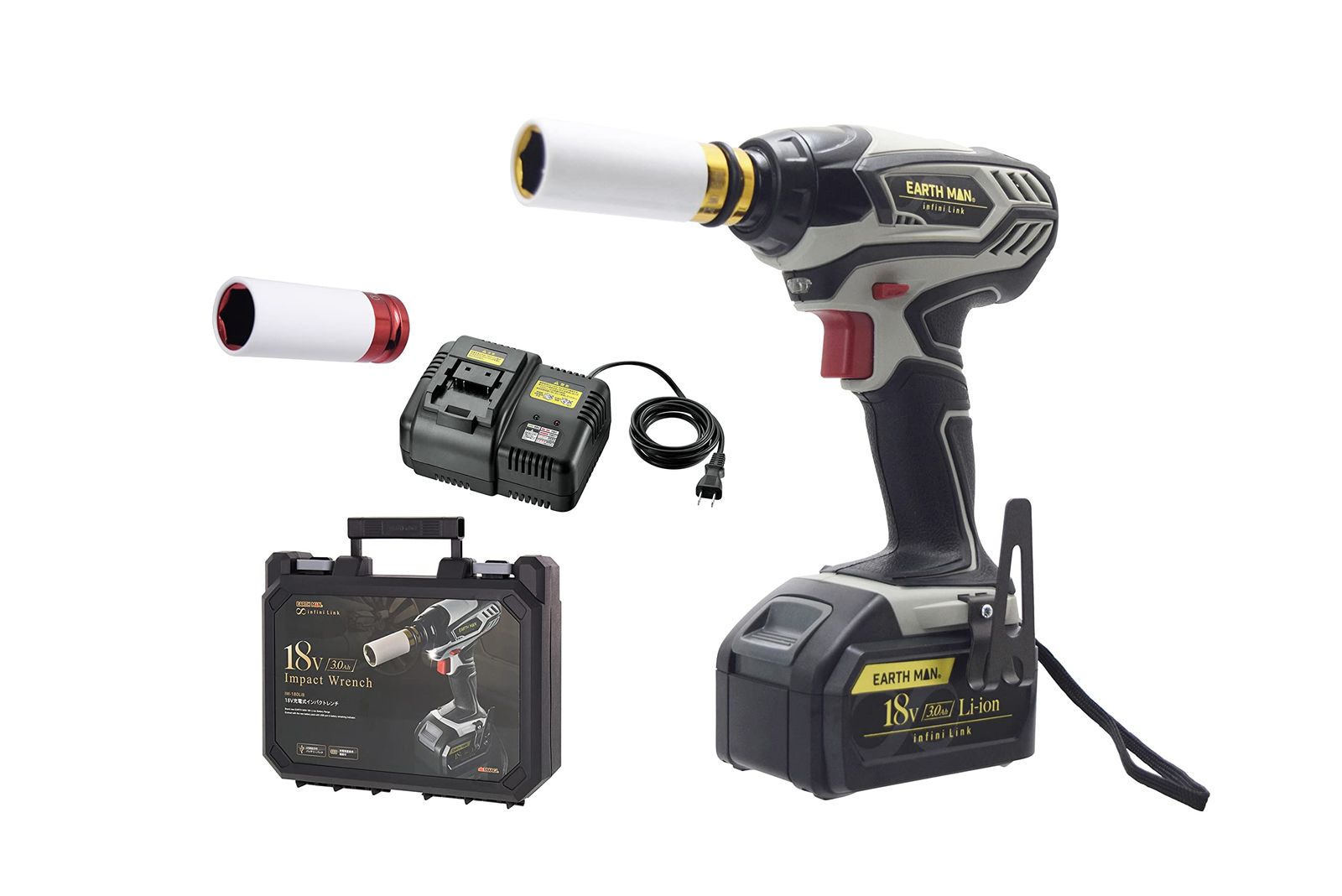 高儀(Takagi) Infini-Link コードレスインパクトレンチ 18V 充電式 EARTH MAN IW-180LiB 蓄電池1個 充電器 ケース付き タイヤ交換 [充電式インパクトレンチ] [Infini-Link (IW-180LiB)]