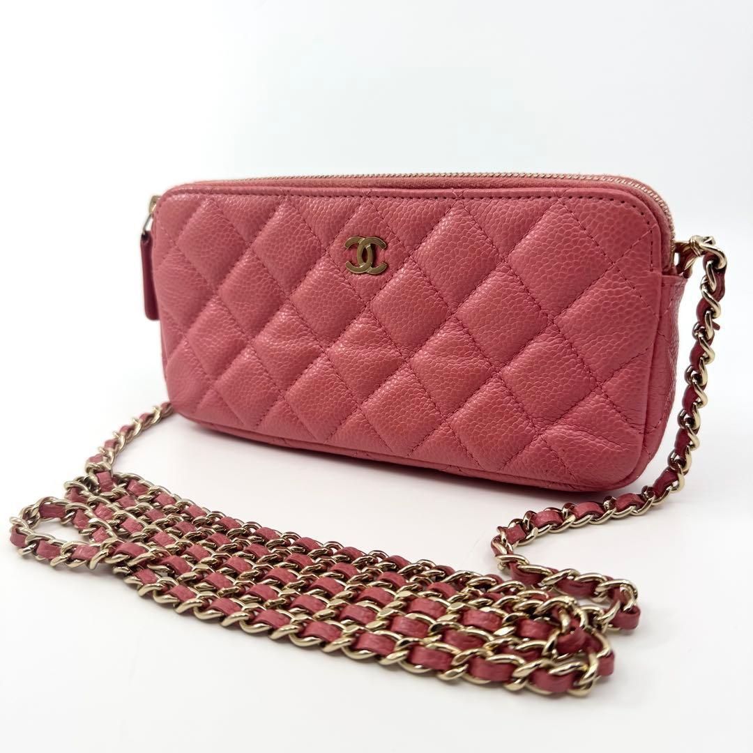 【美品】CHANEL シャネル チェーンショルダーバッグ ラムスキン ピンク