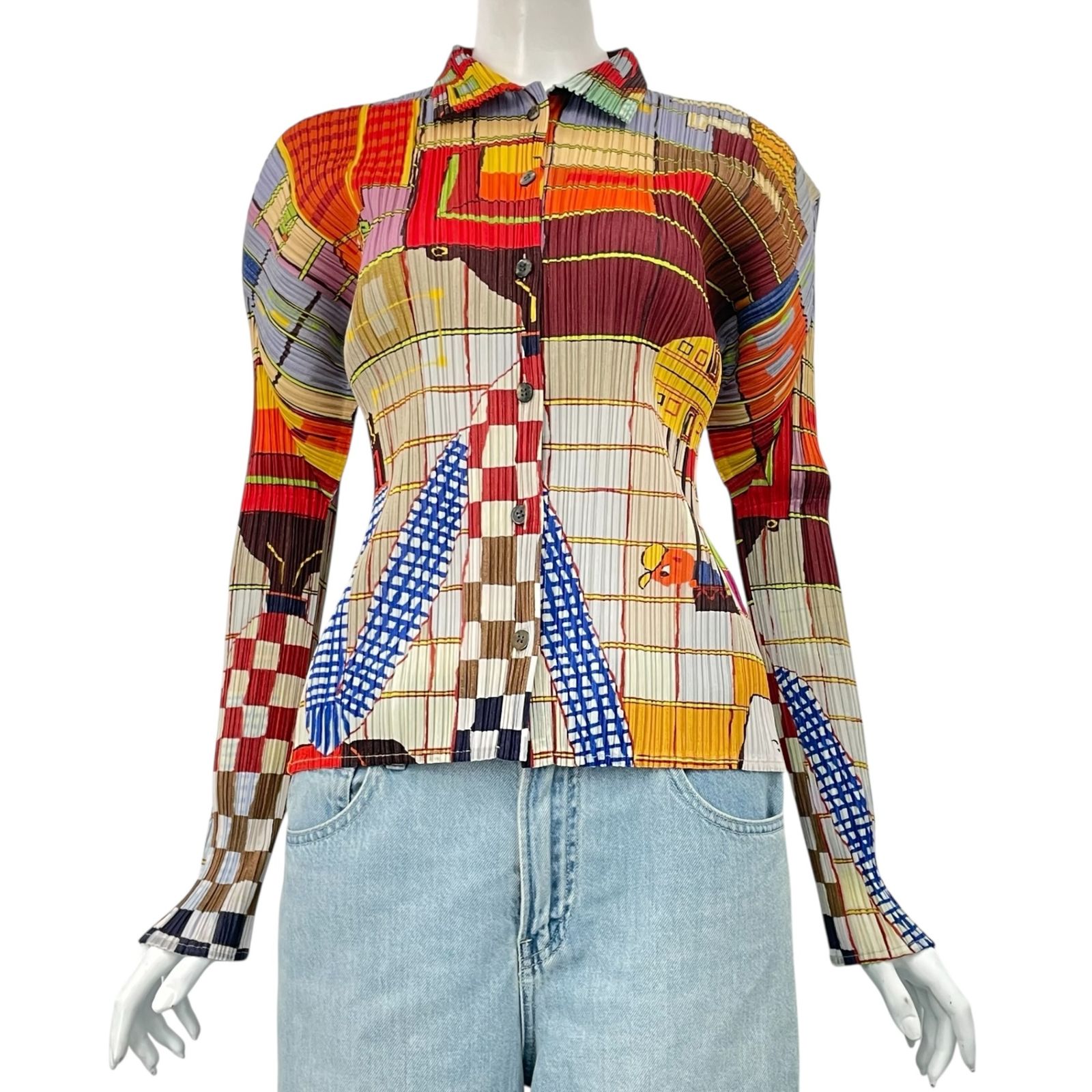 新品同様 ISSEY MIYAKE イッセイミヤケ PLEATS PLEASE プリーツプリーズ カーディガン 長袖 朝食人 マルチカラー サイズ3