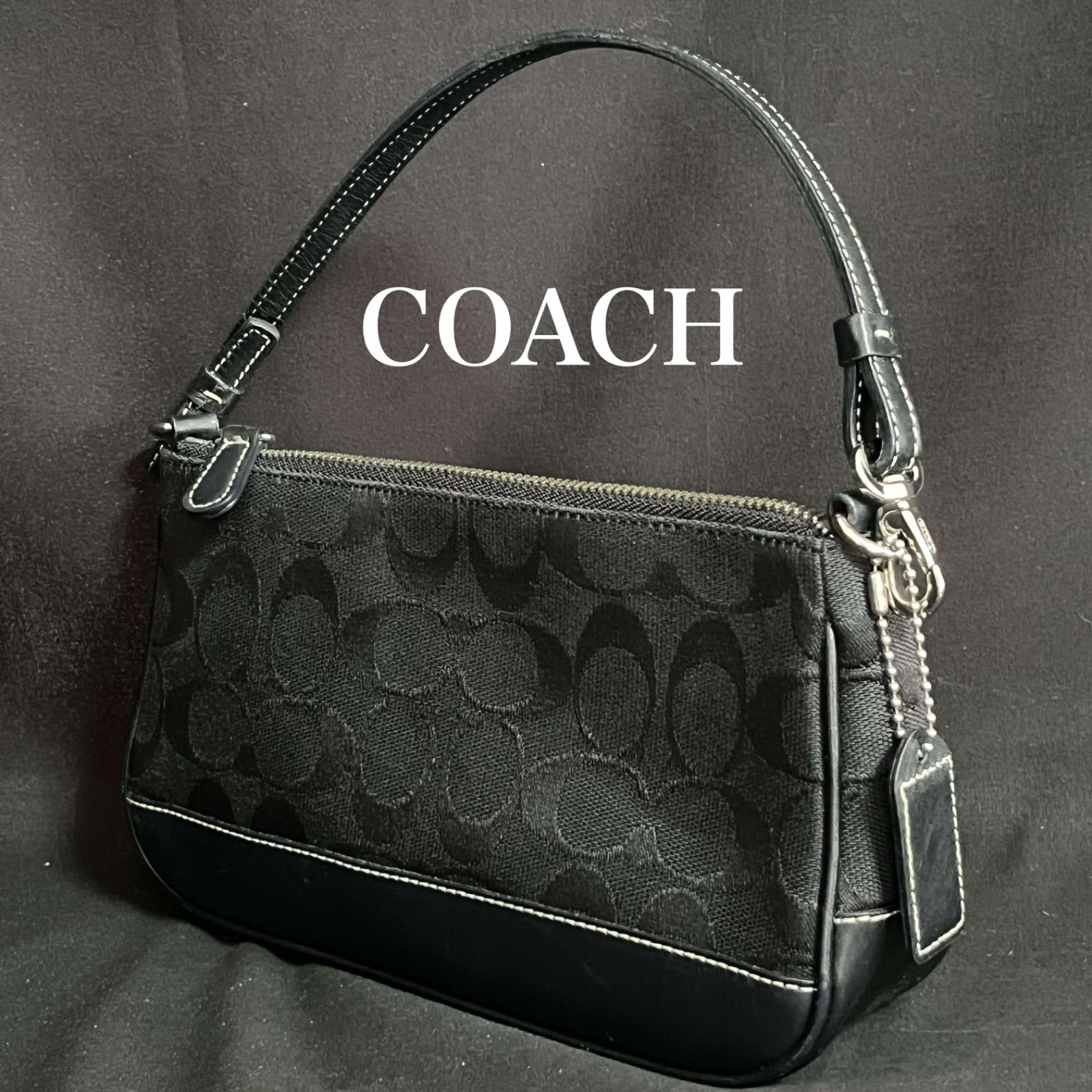 T コーチ シグネチャー アクセサリーポーチ 6094 キャンバス レザー 黒シグネチャー COACH black 美品 ハンドバッグ T26060413