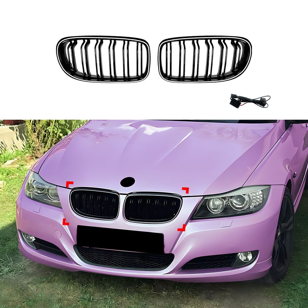 ビーエムダブリュー BMW 3シリーズ 3 Series E90 E91 LCI 2009-2012対応 LED発光フロントグリル キドニーグリル バンパー部装着 ABS ダブルバー ブラック仕様 前まわりを引き締めるスポーティデザイン 外装ドレスアップパーツ