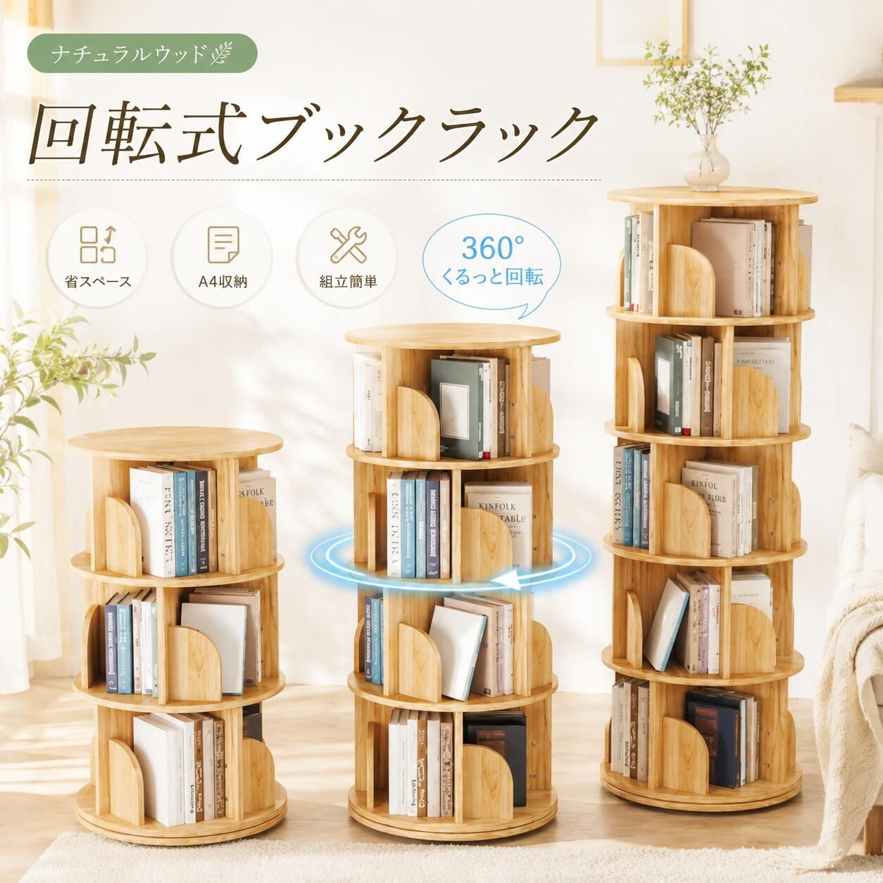 本棚 絵本棚 木製 回転 回転式本棚 回転絵本ラック おすすめ 天然木 3段 4段 ５段 大容量 スリム コミックラック 絵本棚 漫画 収納 回転ラック 収納棚 #KBC