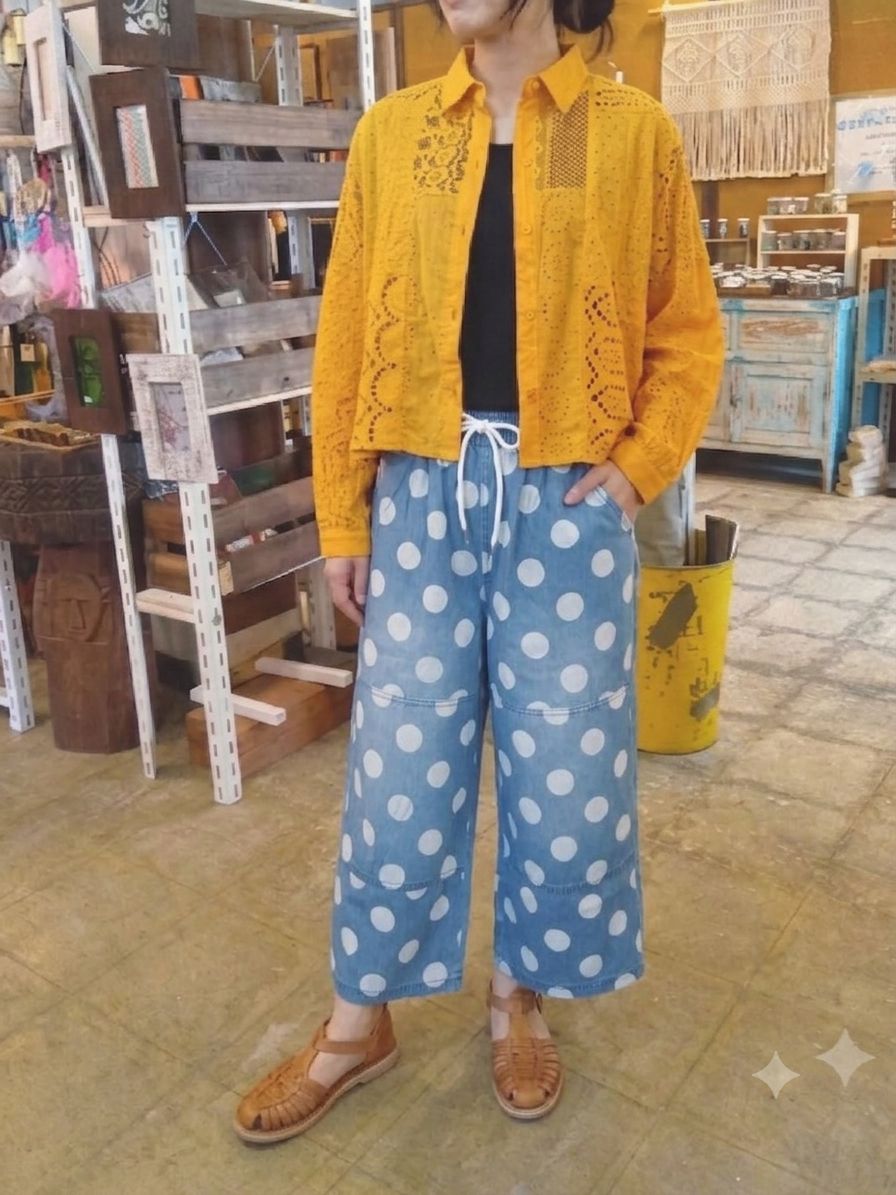 デニムパンツ ワイドパンツ レディース ドット柄 水玉 ゆったり インディゴ染め ウエストゴム ナチュラル カジュアル 春夏秋