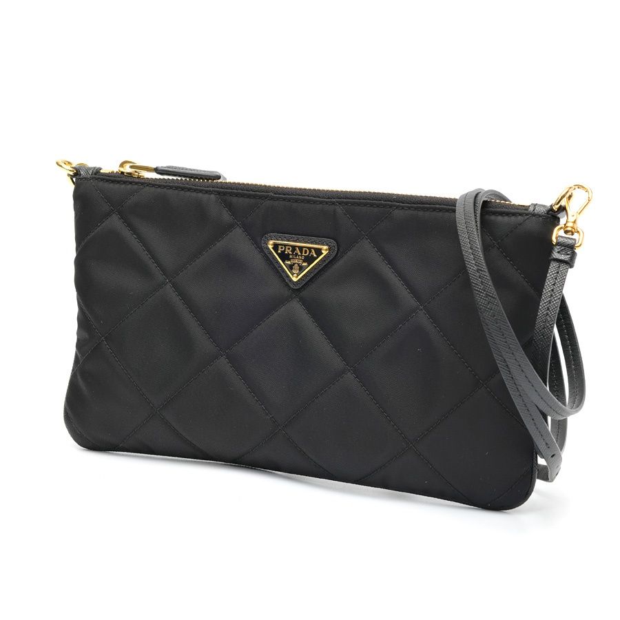 プラダ / PRADA　Re-Nylon × サフィアーノレザー ショルダーポーチ / ショルダーバッグ　キルティング ナイロン　ブラック/ゴールド金具 【中古】