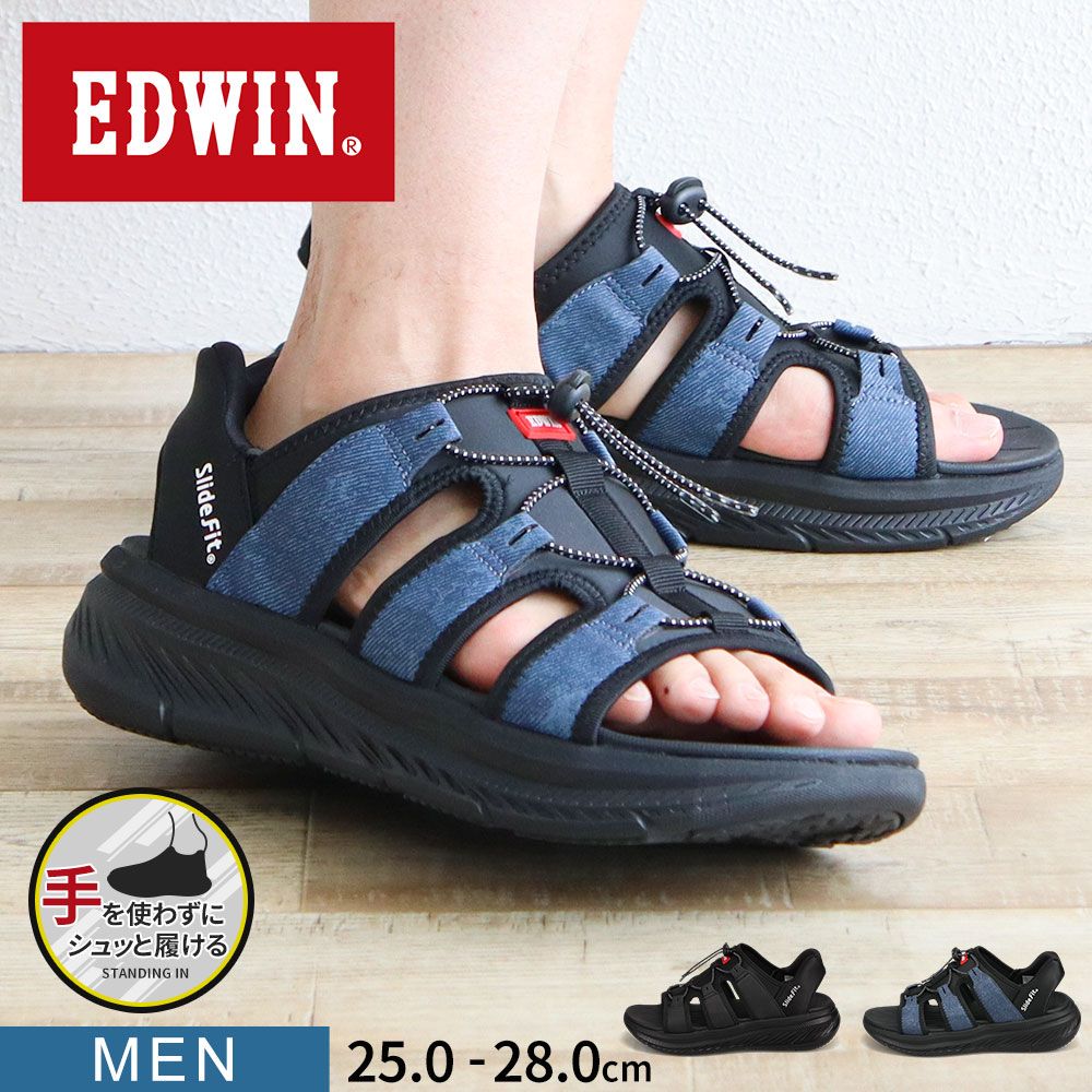 [신제품] EDWIN 샌들, 남성용 블랙 스포츠 샌들, Suposan, 핸즈프리, 빈손으로 신을 수 있음, 슬라이드 핏, 두꺼운 밑창, 서 있을 때도 쉽게 신을 수 있음, 무통, 쿠션, 심플하고 스타일리시한, 아웃도어, 캠핑, 해변, 수영장, 블랙, 네이비