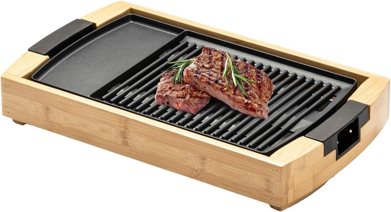 SOLEMOOD ホットプレート 焼肉プレート 1200W 高火力 減煙 油減らし 加熱迅速 無階段調節 「美味しく焼ける秘訣」 グリル鍋 魚焼き 焼き鳥 洗いやすい 油受け皿付き 竹製 木目調 高級 おしゃれ ギフト (竹色)★m 48e72629