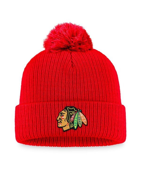 ファナティクス メンズ アクセサリー 帽子 ニット ロゴ Fanatics Mens Red Chicago Blackhawks Core Primary Logo Cuffed Knit Hat with Pom Red レッド