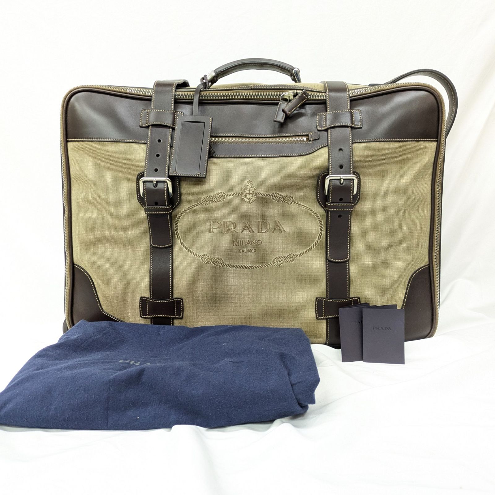 【未使用】プラダ PRADA ロゴジャガード トランクケース 旅行バッグ キャンバス レザー ベージュ ブラウン【中古/鑑定済/鍵欠品】