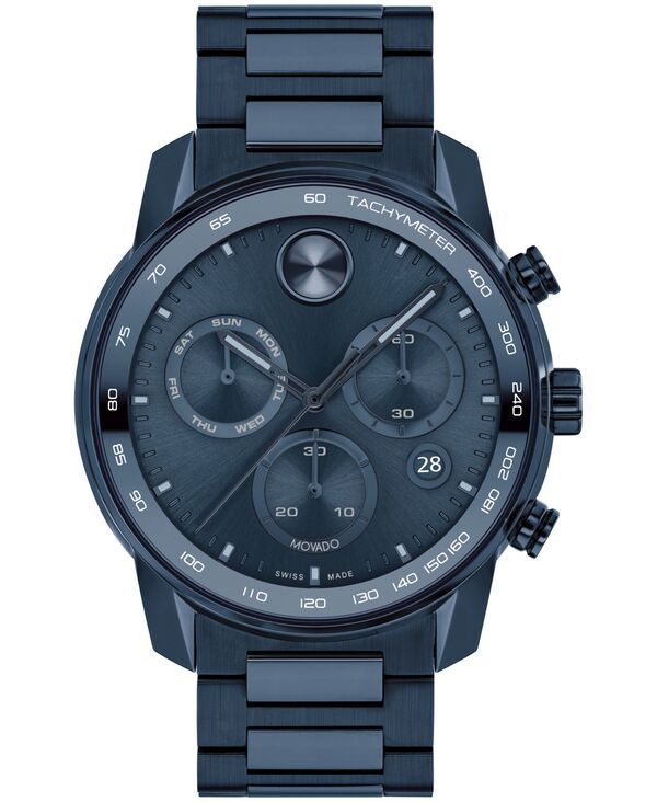 モバド メンズ アクセサリー 腕時計 Tシャツ Movado Mens Bold Verso Dark Blue Ionic Plated Steel Bracelet Watch 44mm Blue ブルー
