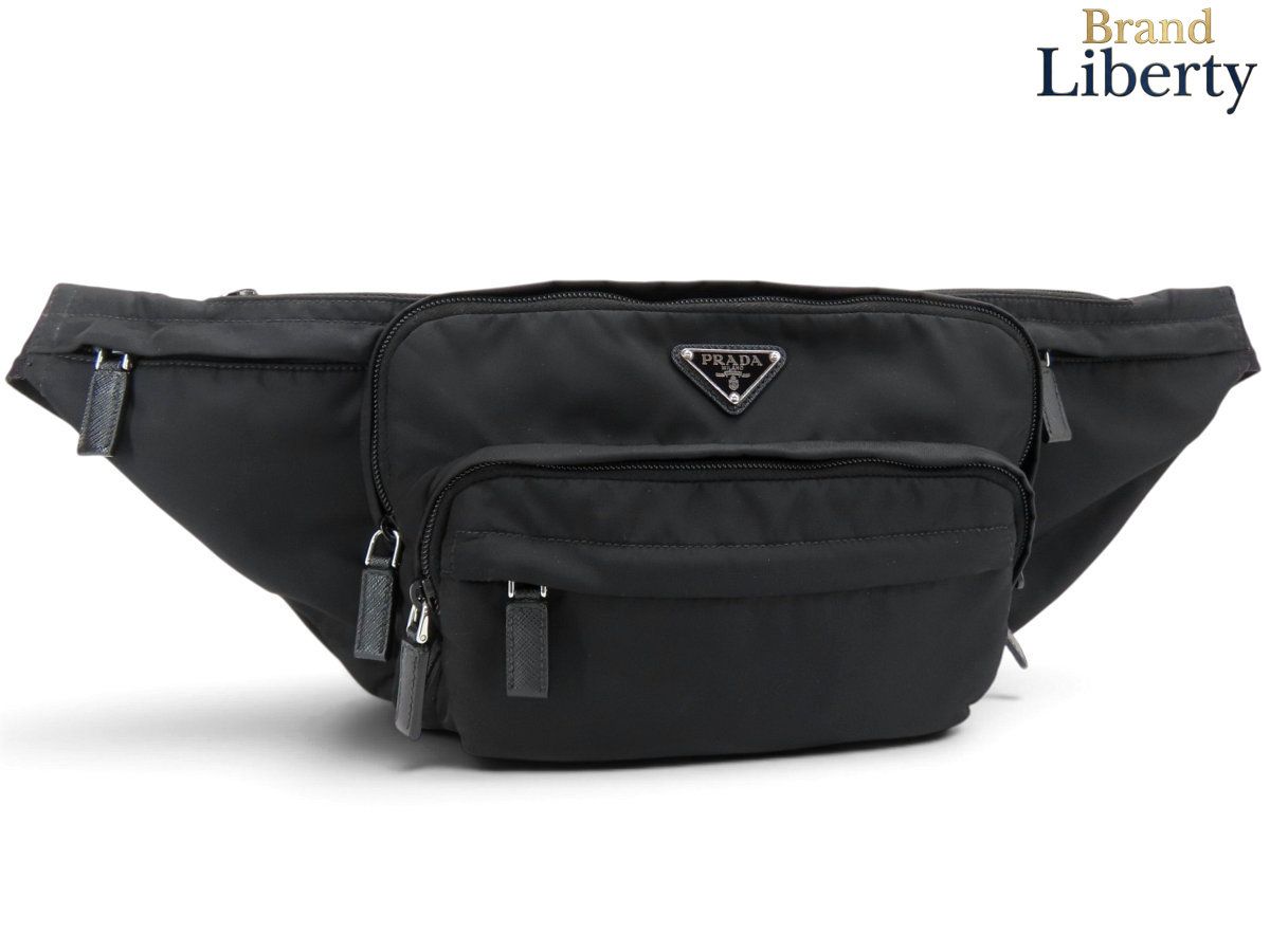 【美品】プラダ PRADA リナイロン Re-Nylon トライアングル サフィアーノレザー ベルトバッグ ボディバッグ ウエストバッグ バムバッグ ショルダーバッグ ポーチ NERO ブラック リナイロン 再生ナイロン レザー 2VL003