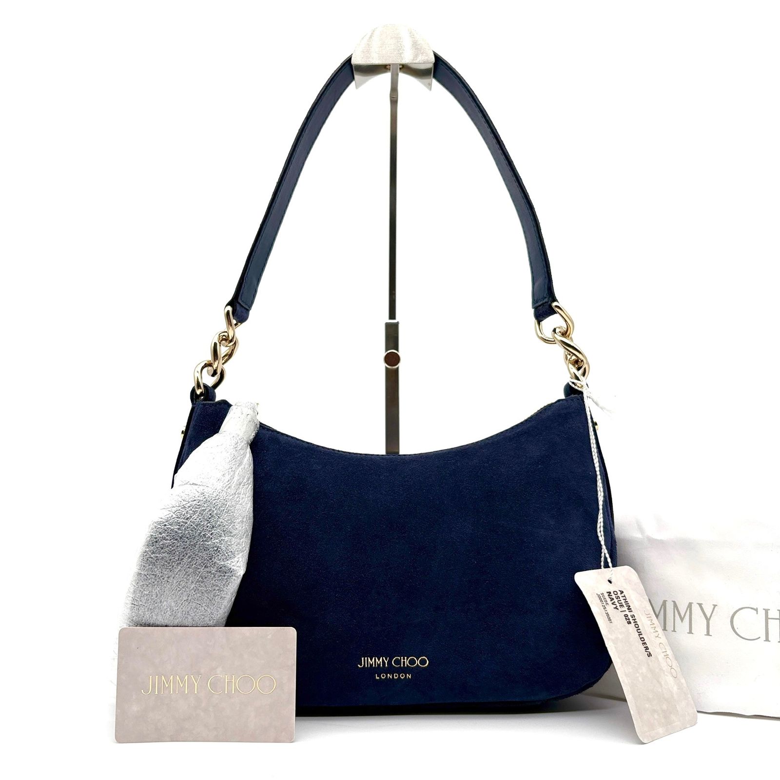 未使用保管品 タグ付 ジミーチュウ JIMMY CHOO ホーボー ワンショルダーバッグ ハンドバッグ スエード ハーフムーン ロゴ タッセル ネイビー 紺 レザー 本革 肩掛け ボーナス 夏休み 夏コーデ ご褒美 旅行 帰省 サマーギフト