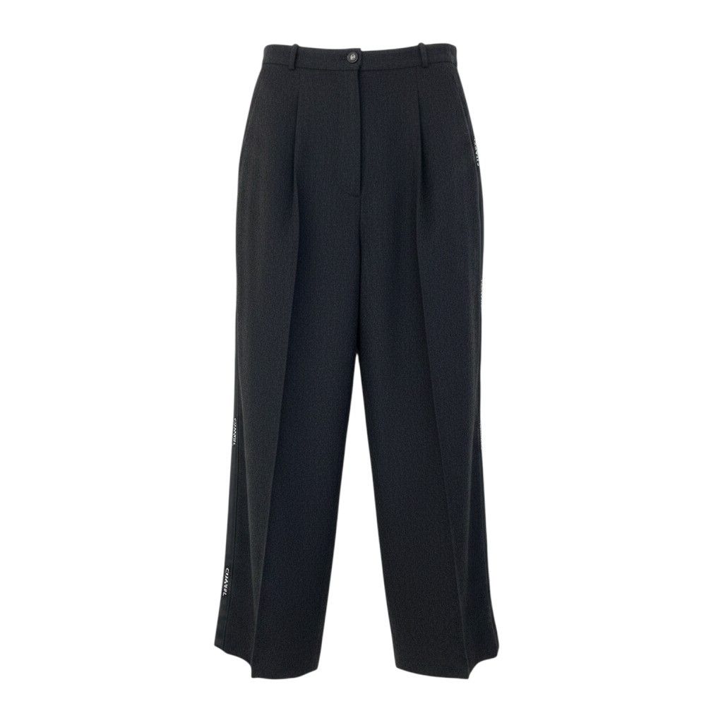 Cf9 【美品】CHANEL シャネル 1996年 サイドラインロゴ ワイドスラックス ウールパンツ ボトムス P05760 40サイズ ダークグレー ウール100％ レディース 女性用ta1