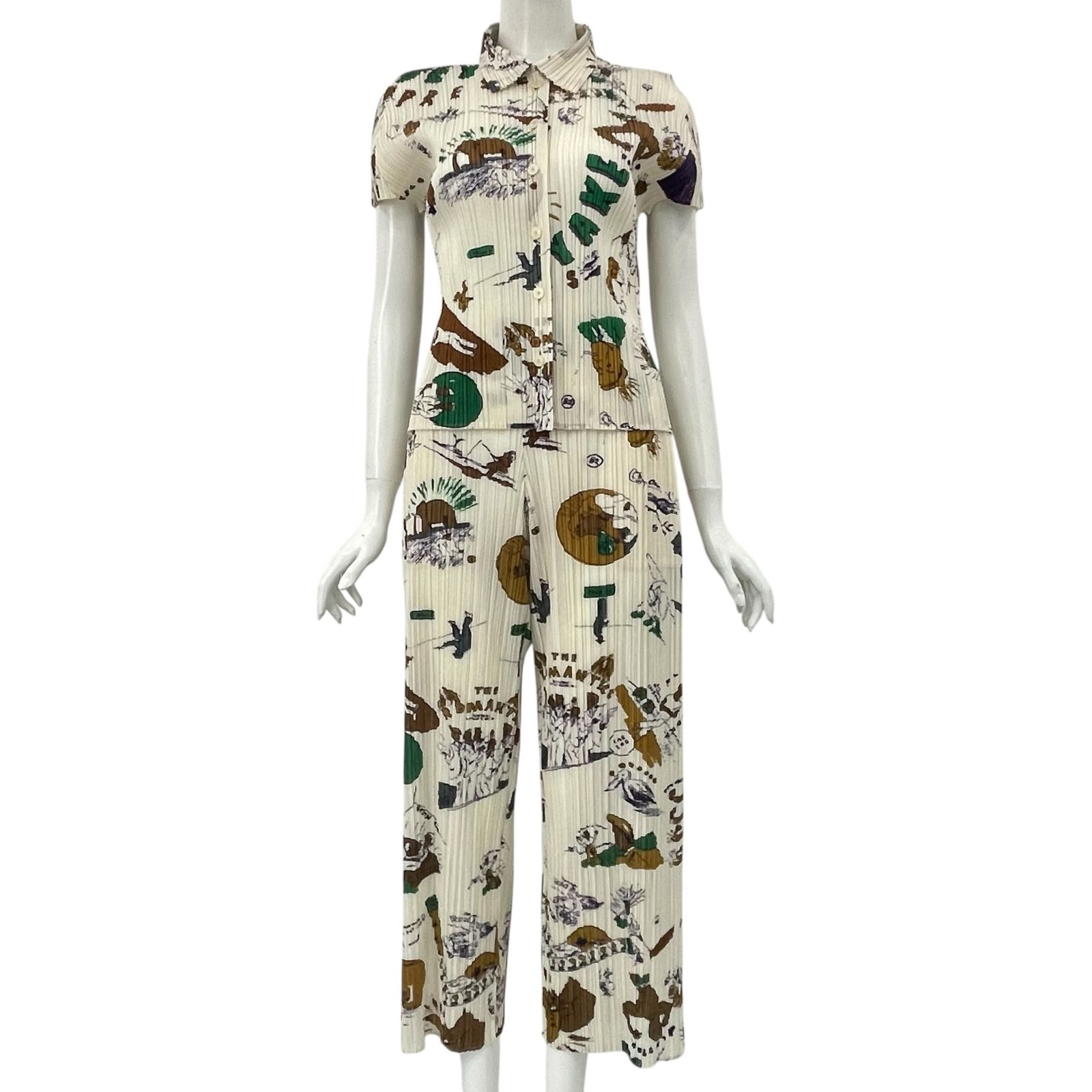 新品同様 ISSEY MIYAKE イッセイミヤケ PLEATS PLEASE プリーツプリーズ 2003年 湯村輝彦 漫画 セットアップ トップス パンツ 総柄 ホワイト サイズ4