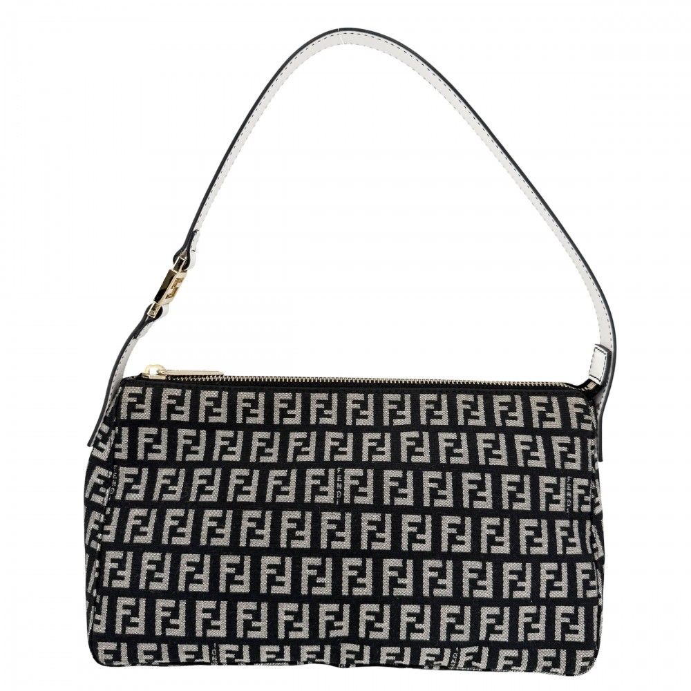 フェンディ ハンドバッグ レディース ズッキーノ ワンハンドバッグ 肩掛け FENDI キャンバス レザー ブラック 黒 ホワイト 白 ゴールド金具【中古品】