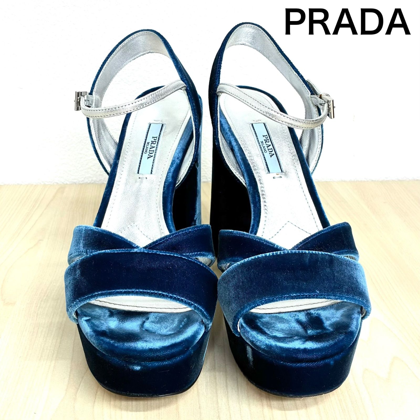 【プラダPRADA】ベルテッドストラップパンプス 38 ダークブルー系×シルバー