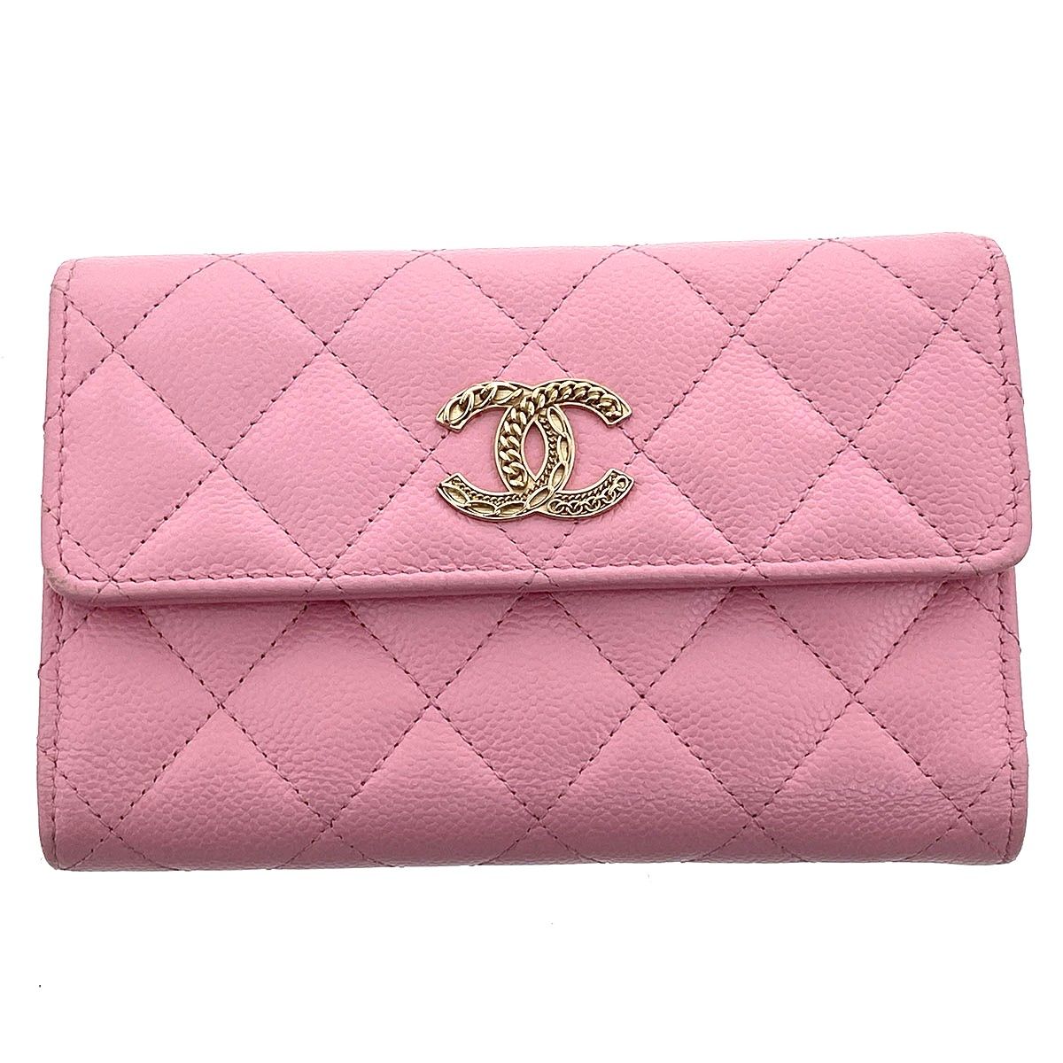 CHANEL シャネル ミディアム フラップ ウォレット キャビアスキン 三つ折り財布 AP3051 レディース キャビアスキン ピンク ゴールド金具 中古