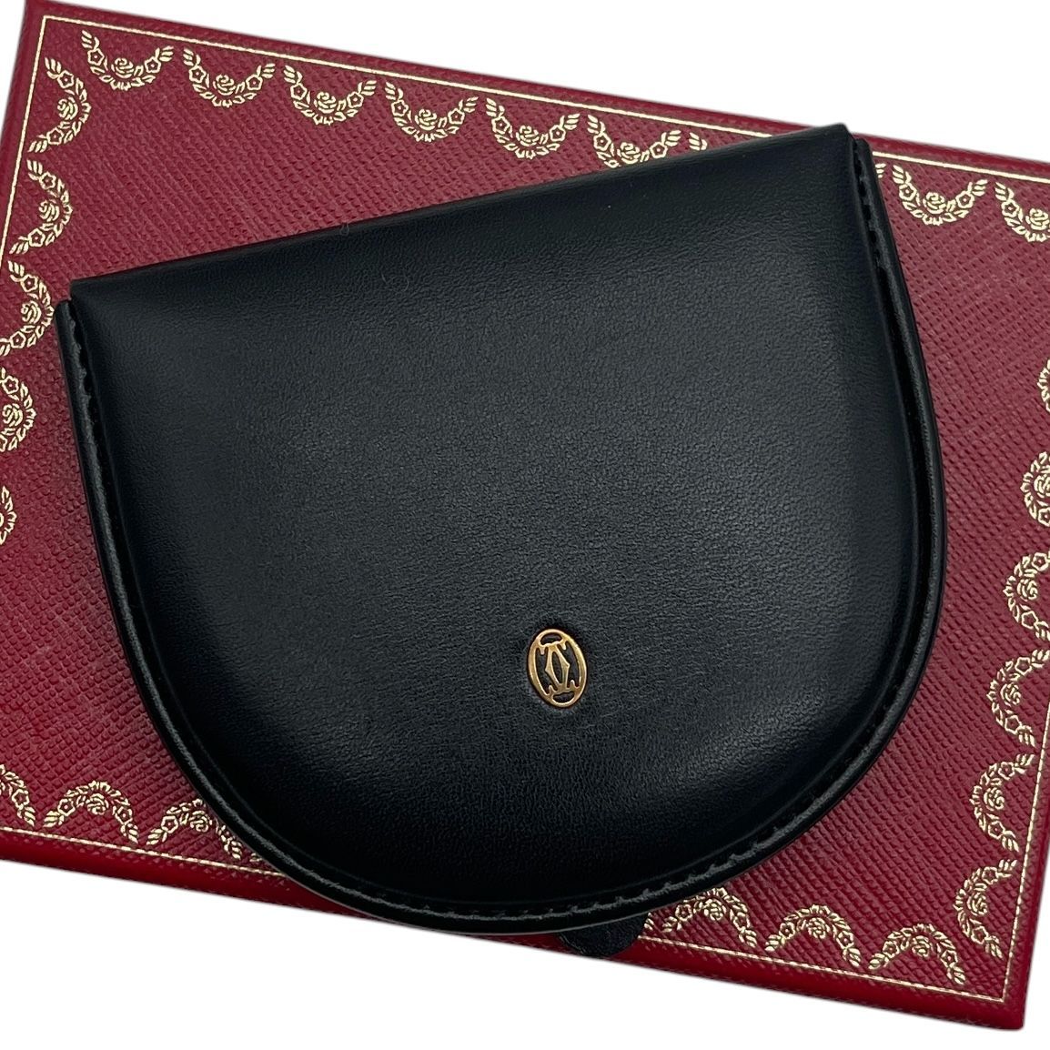 極美品 Cartier カルティエ マストライン ラウンドコインケース 小銭入れ 馬蹄型 レザー 本革 ブラック 2Cロゴ 財布 ヴィンテージ 小物 箱付き