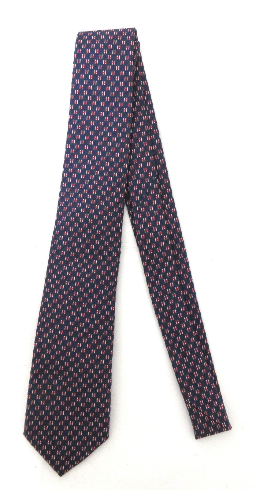 HERMES/エルメス　Hロゴ ネクタイ　シルク１００　ネイビーレッド　【中古】