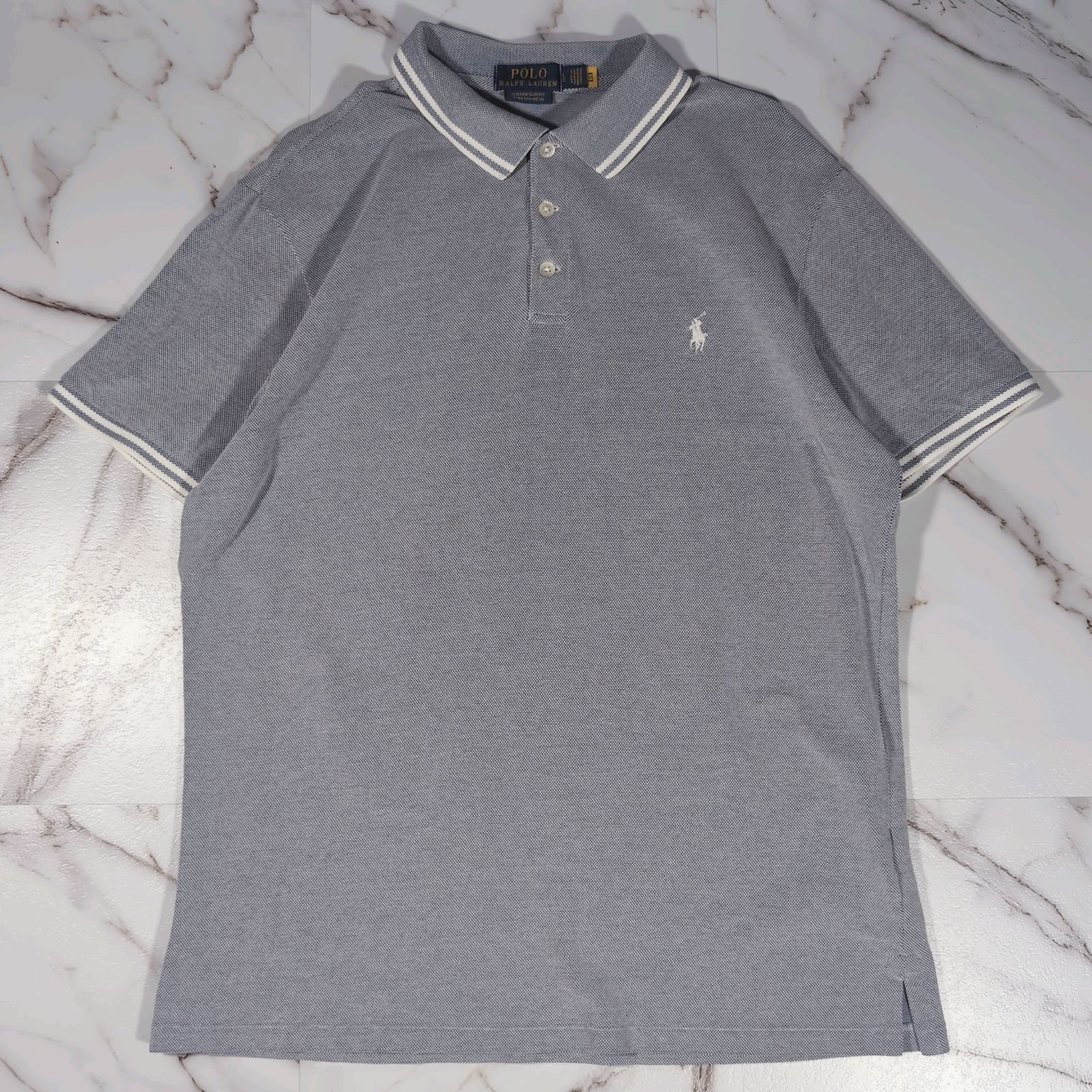 POLO RALPH LAUREN CUSTOM SLIM FIT STRETCH MESH S/S ポロシャツ L ネイビー ティップライン