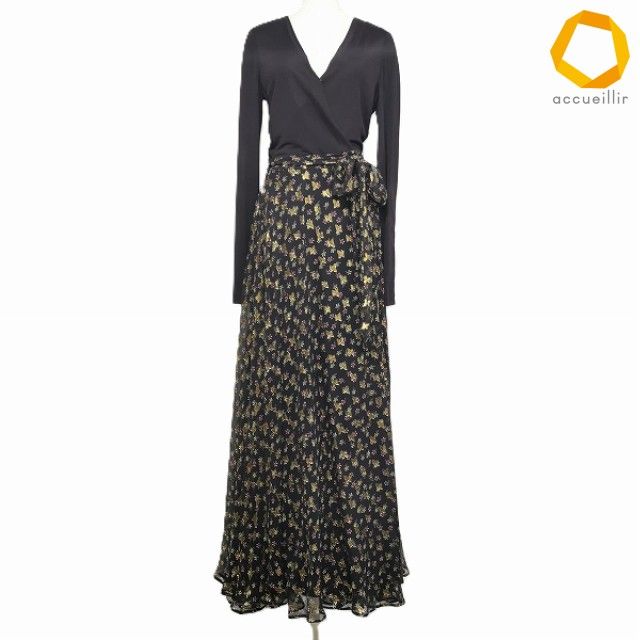 #anc ダイアンフォンファステンバーグ DVF ワンピース 長袖 ラップワンピース ロング 柄 ラメ 6 黒 ゴールド シルク レディース [888160]