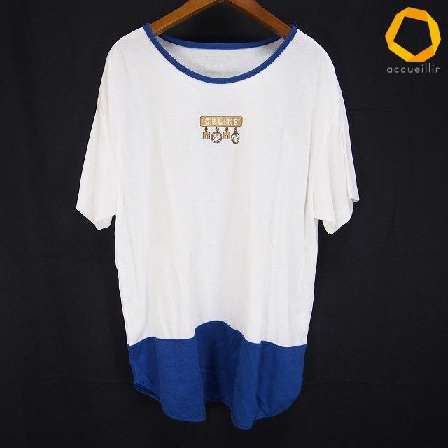 s セリーヌ CELINE Tシャツ カットソー 白 青 半袖 ロゴ 綿 100