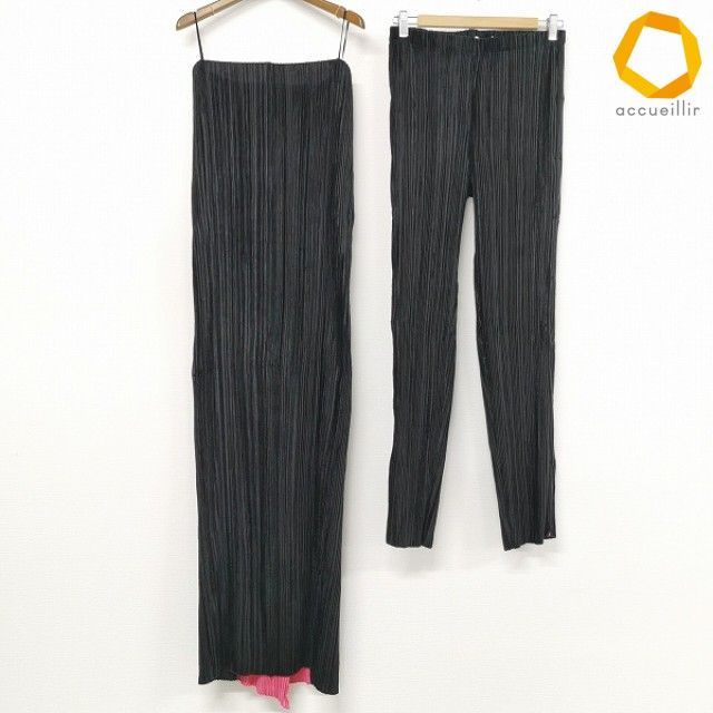 #anc イッセイミヤケ ISSEYMIYAKE セットアップ ワンピース パンツ ロング プリーツ ベロア調 L 黒 ピンク レディース [960626]