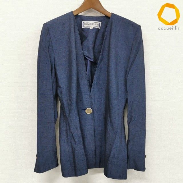 #anc イヴサンローラン Yves Saint Laurent ジャケット ノーカラー 無地 L 青系 イタリア製生地 レディース [1014102]