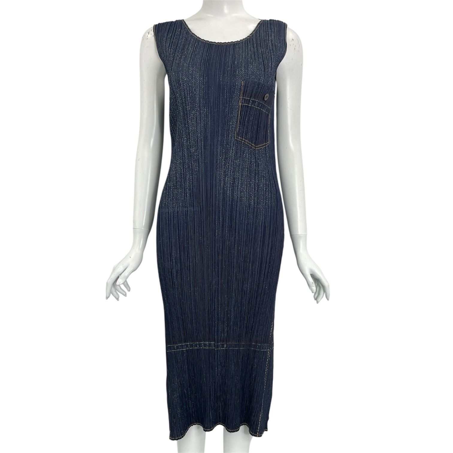 新品同様 ISSEY MIYAKE イッセイミヤケ PLEATS PLEASE プリーツプリーズ ワンピース デニムデザイン ブルー サイズ3