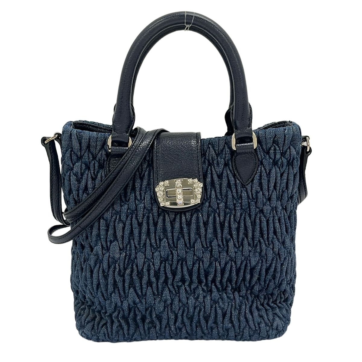 miumiu(ミュウミュウ) ハンドバッグ ミュウクリスタル ネイビー コットン、レザー
