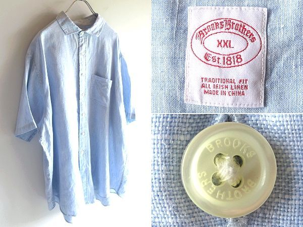 Brooks Brothers ブルックスブラザーズ TRADITIONAL FIT 半袖 アイリッシュリネンシャツ XXL ライトブルー 大きいサイズ USA企画
