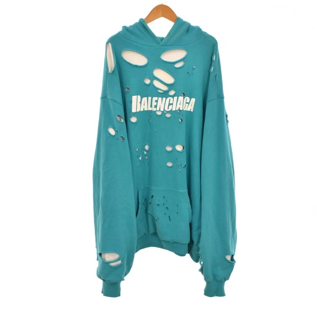 バレンシアガ BALENCIAGA 21SS Caps Destroyed Hoodie キャップス デストロイド フーディー プルオーバー パーカー オーバーサイズ XXS 水色 ライトブルー 659403 ☆AA★
