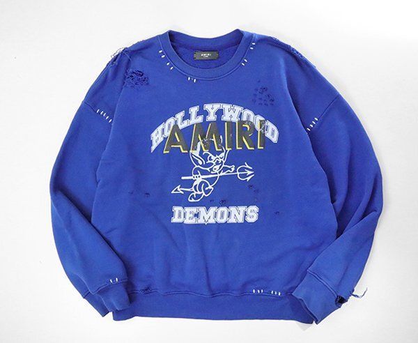 AMIRI ◆ hollywood demons ダメージ加工 スウェット トレーナー ブルー XLサイズ オーバーサイズ アミリ ◆ES18