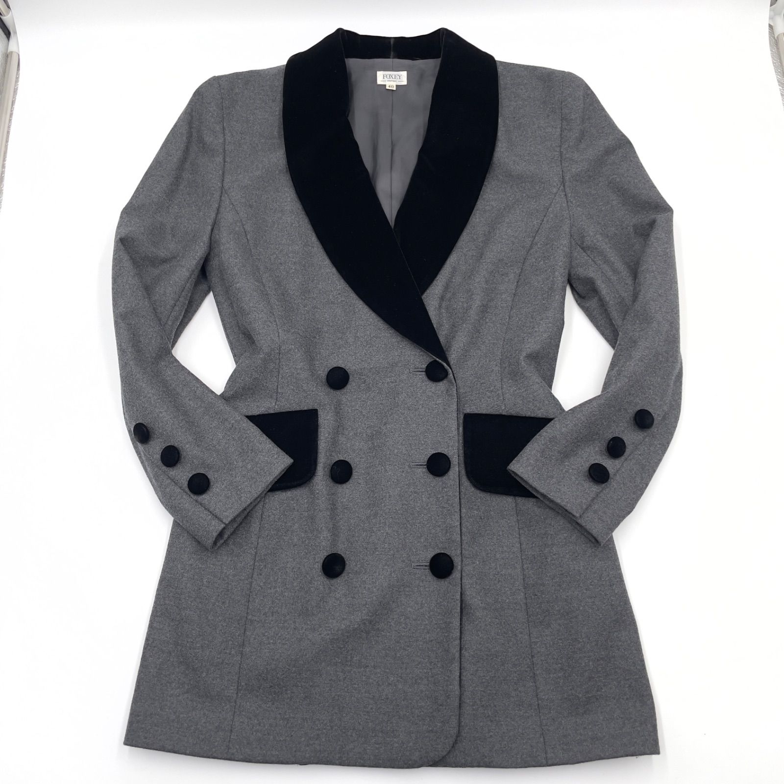 極美品✨FOXEY BOUTIOLE フォクシー テーラードジャケット ダブルブレスト パーティー 6B ベロア ウール100% 40 M相当 グレー