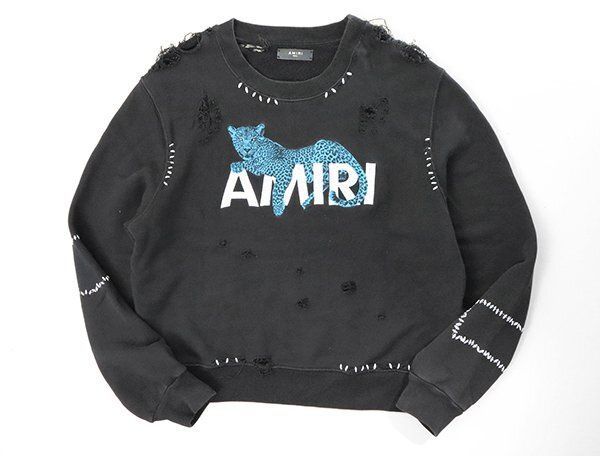 AMIRI ◆ Leopard Oversized Sweatshirt ロゴヒョウ刺繍 ダメージ加工 トレーナー Sサイズ 黒 オーバーサイズ スウェット アミリ ◆ES18
