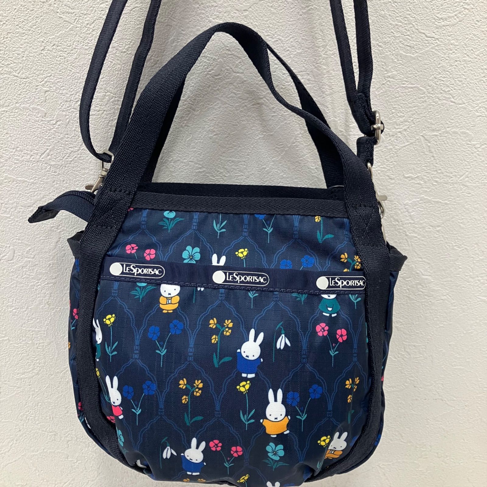 4694【良品】 LeSportsac　レスポートサック　ハンドバッグ　 2way　ショルダーバッグ　スモールジェニー　 Dick Bruna　ミッフィー　コラボ　ガーデンフローラル　 ネイビー系　紺　ナイロン　軽量　レディース