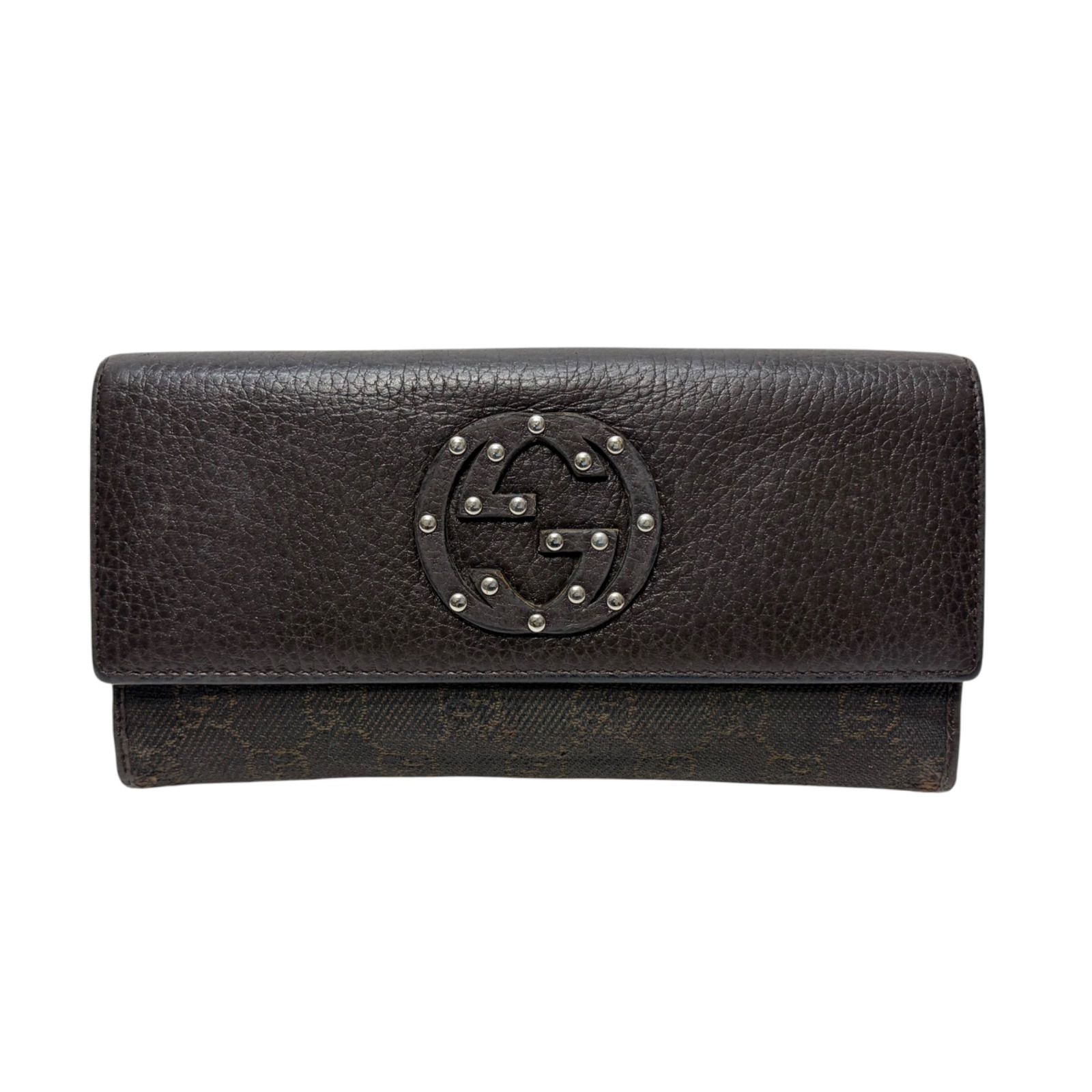 4347 GUCCI グッチ 長財布 ダークブラウン インターロッキング キャンバス Wホック スタッズ