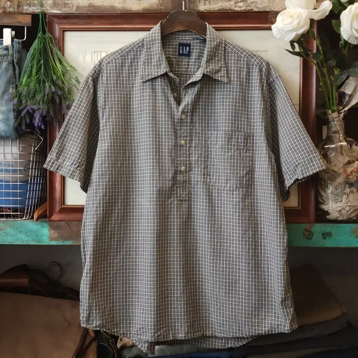 90s オールドGAP シャツ チェック柄 プルオーバー 半袖 シャツ ハーフネック スモールチェック柄 M
