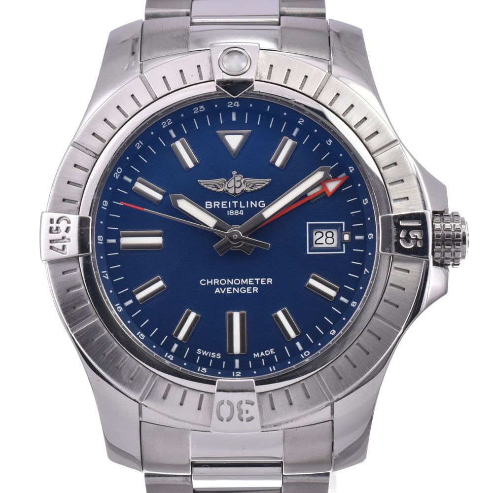 ブライトリング BREITLING A32395 アベンジャー オートマチック GMT 45 デイト ブルー 自動巻き メンズ 美品 腕時計 L#148253