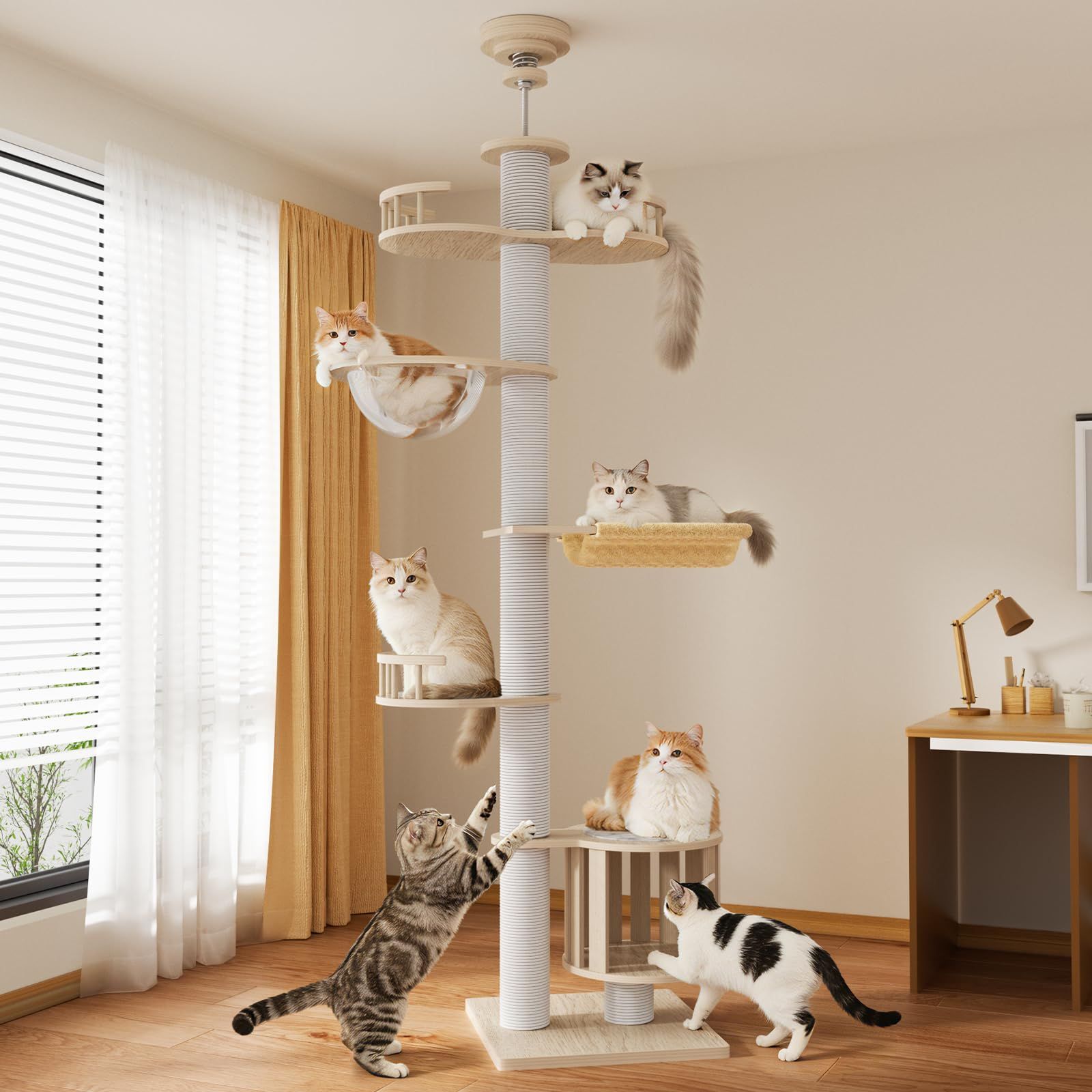[ChicKone] キャットタワー 突っ張り ネコタワー 木製 スリム 宇宙船付き ハンモック 大型猫 爪とぎ 多頭飼い 猫タワー ツッパリ 人気 木登りタワー キャットツリー 多層無垢材 太い支柱 全綿縄巻き おしゃれ 安定感 運動不足解 63b00a15