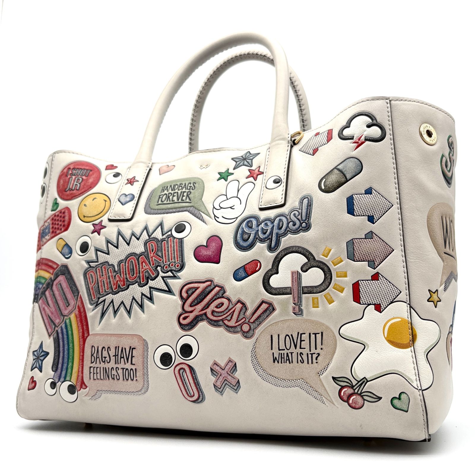 美品 アニヤハインドマーチ Anya Hindmarch ステッカー ハンドバッグ トートバッグ 自立 オールレザー 牛革 アイボリー 白 スマイル マルチカラー ワッペン ボーナス 夏休み 夏コーデ ご褒美 旅行 帰省 サマーギフト 大容量