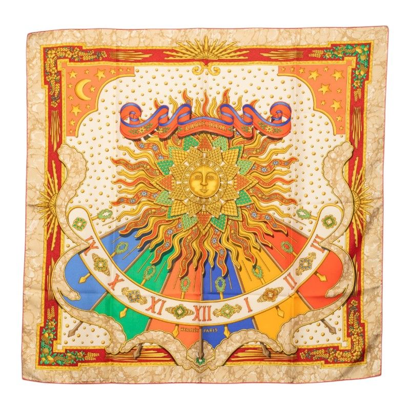 エルメス カレ90 CARPE DIEM 今日一日を楽しむ 太陽 月 星 スカーフ 大判 マルチカラー シルク レディース HERMES【1-0272288】