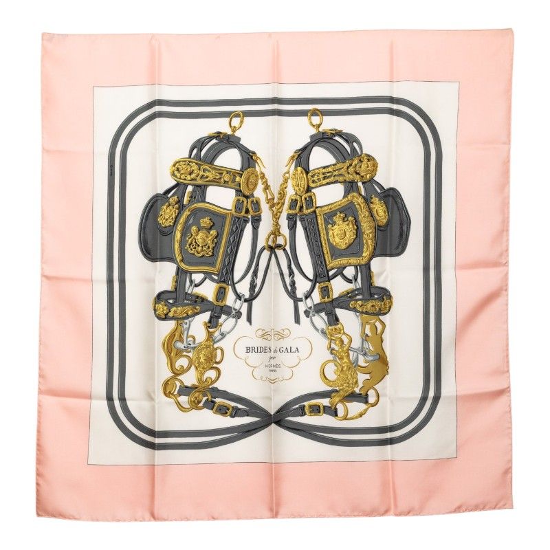 エルメス カレ90 BRIDES de GALA 式典用の馬勒 スカーフ 大判 ピンク系 シルク レディース HERMES【1-0272292】