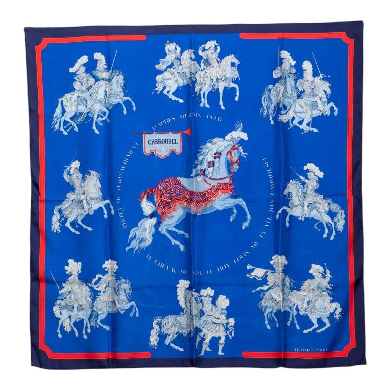 エルメス カレ90 CARROUSEL メリーゴーランド スカーフ 大判 ブルー系 シルク レディース HERMES【1-0272309】