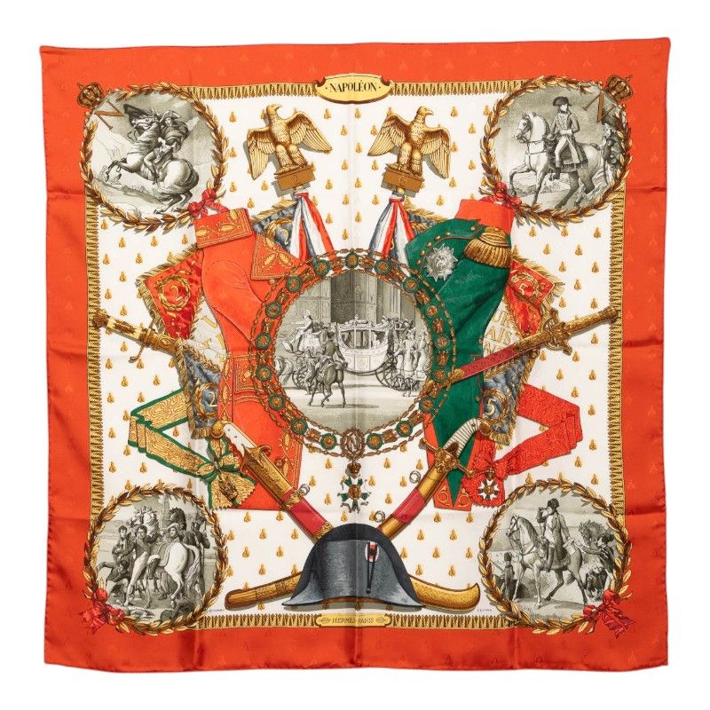 エルメス カレ90 NAPOLEON ナポレオン スカーフ 大判 オレンジ系 シルク レディース HERMES【1-0272327】