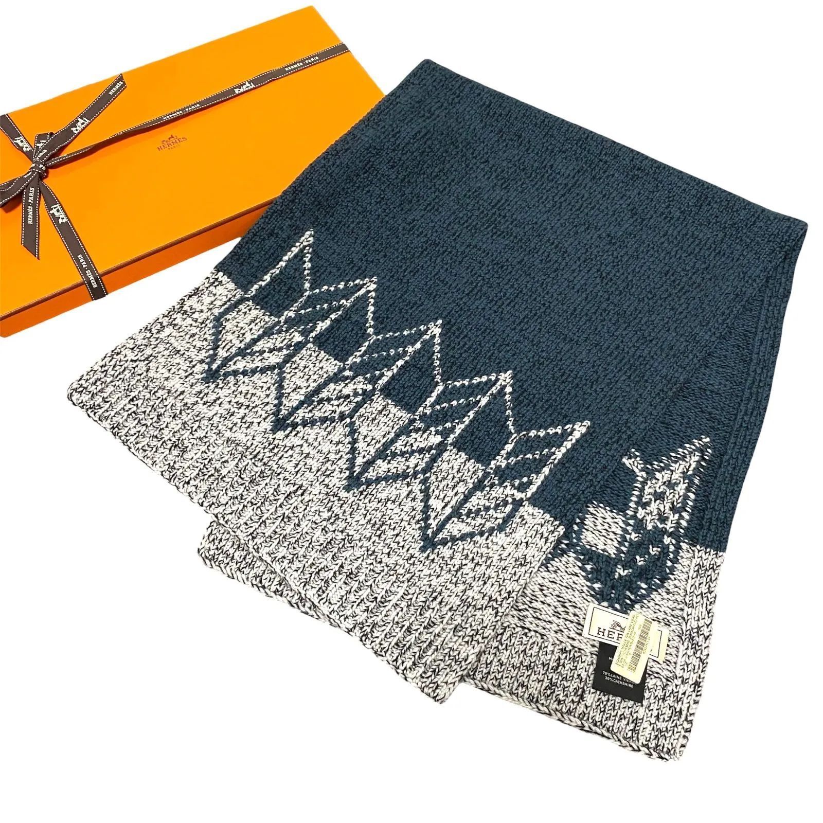 5564 HERMES エルメス バージンウール カシミヤ マフラー ECHARPE MAILLE 未使用保管品