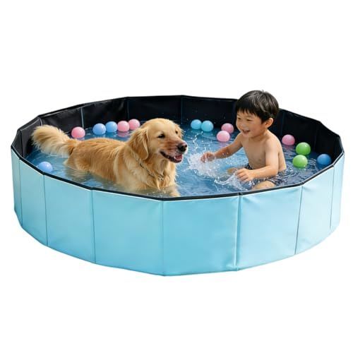 プール 折りたたみ 犬用プール ペット 空気入れ不要 組み立て不要 コンパクト収納 PVC製 子供用 水遊び お風呂 シャンプー用 排水栓付き 滑り止め 小型犬 中型犬 大型犬対応 屋内 屋外 ベランダ 庭 夏対策 (ブルー, 160x30c c52980f2